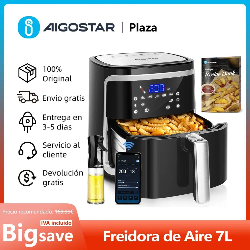 Freidora de aire AIGOSTAR 7 L con WiFi por 52,19 € (-56%): 1900 W y control desde el móvil