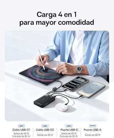 Power Bank Baseus 20000mAh 45W a 32,99€ (-34%): carga rápida para iPhone y Android con cables integrados