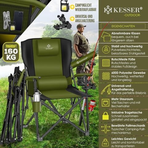 Silla de Camping Plegable KESSER con Reposabrazos a 45,80€ (-32%): comodidad para hasta 160 kg