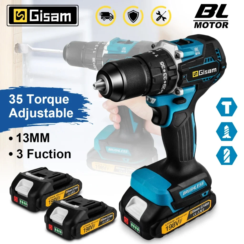 Taladro atornillador GIsam sin escobillas por 24,79 € (-58%): 13 mm, 35+3 pares y doble velocidad
