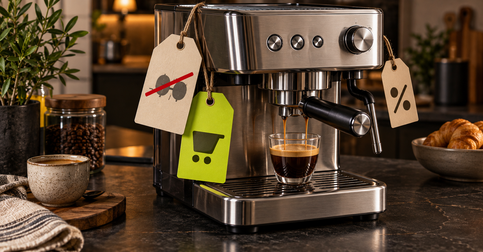Cafetera espresso con etiquetas de precio tachadas y un acento lima