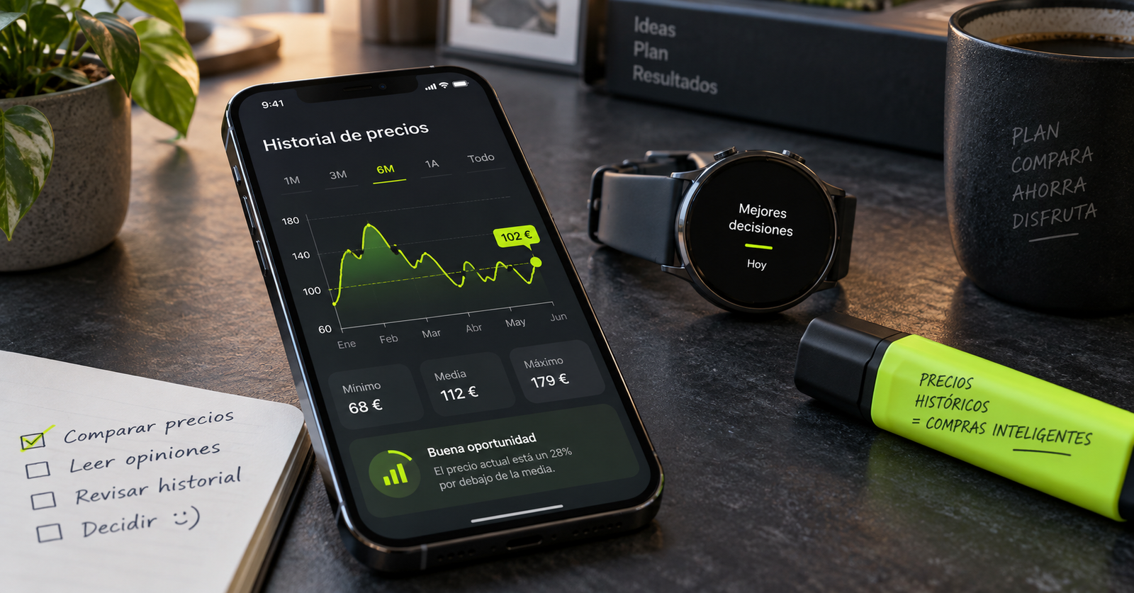 Teléfono y reloj inteligente mostrando una gráfica histórica de precios