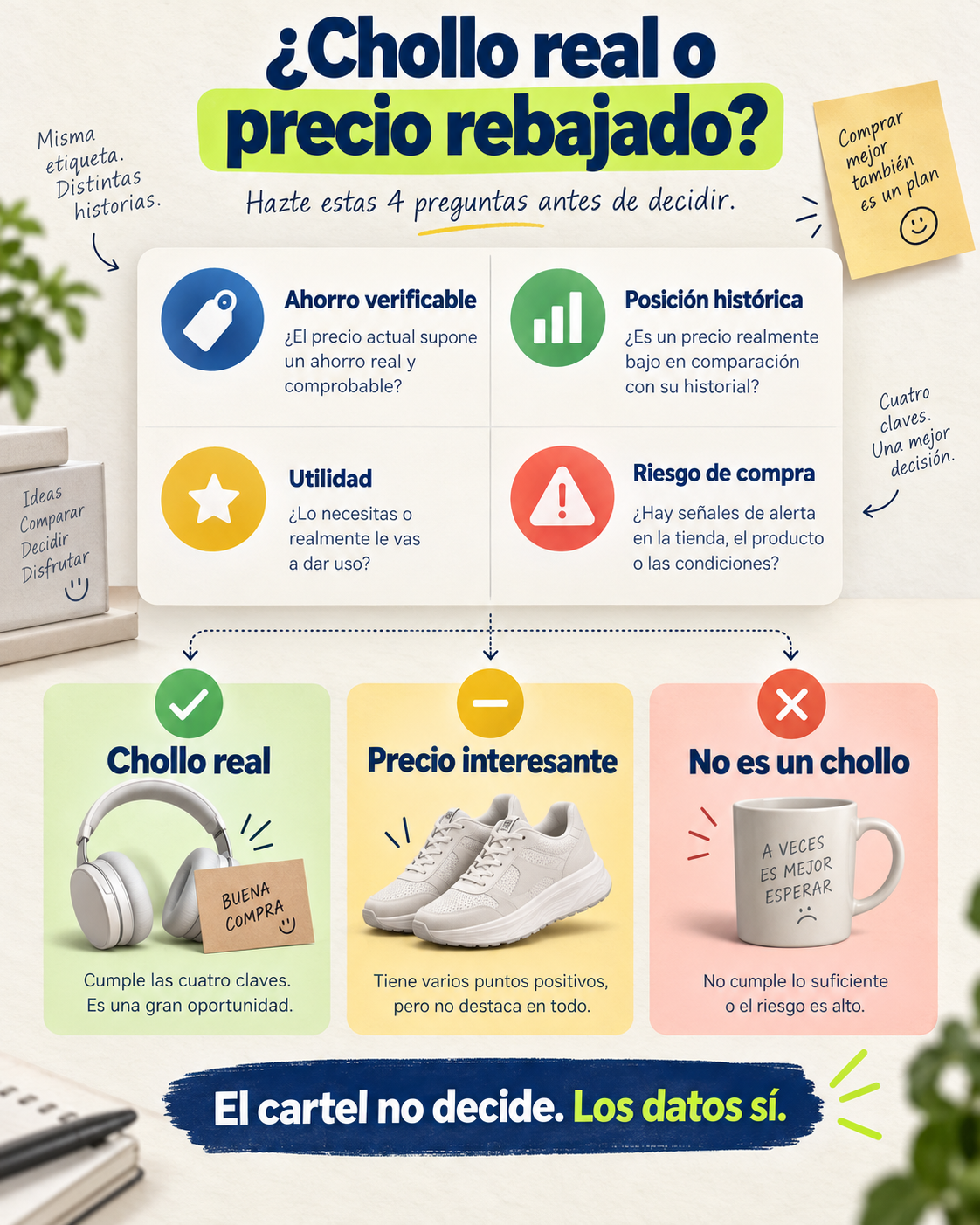 Comparación visual entre un chollo real y un precio rebajado mediante histórico, mercado y condiciones.