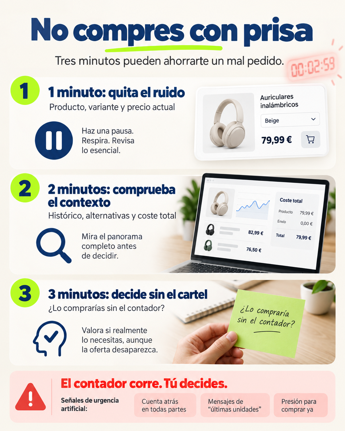 Protocolo de tres minutos para revisar una oferta antes de comprar por impulso.