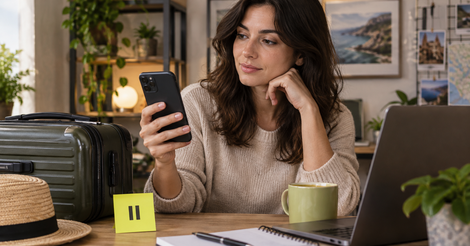 Persona valorando una compra online junto a una maleta y una señal de pausa