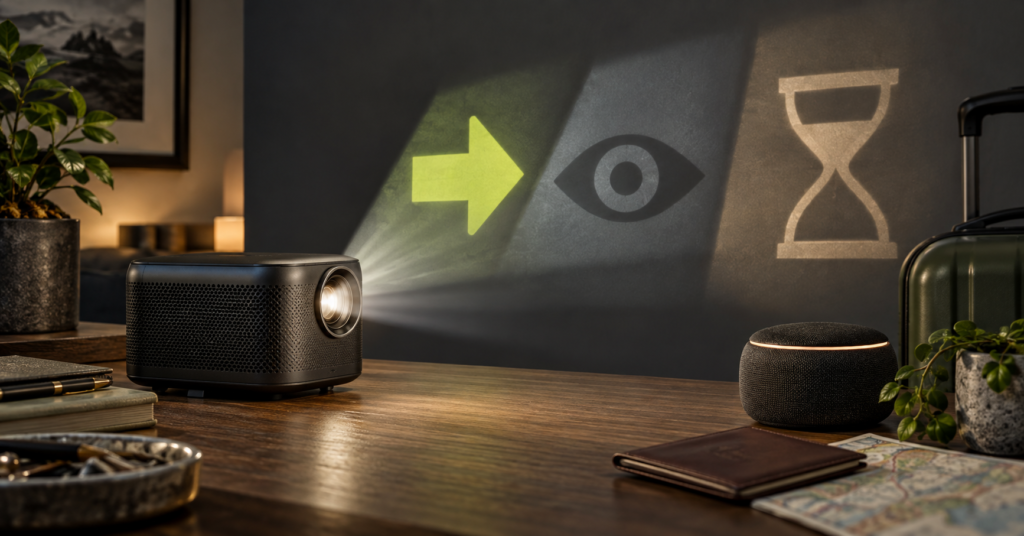 Proyector y altavoz junto a símbolos visuales de comprar, vigilar o esperar