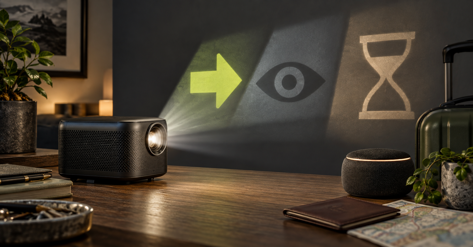 Proyector y altavoz junto a símbolos visuales de comprar, vigilar o esperar