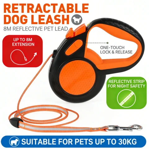 Correa retráctil para perros 8M a 15,49 € (-49%): cinta reflectante y mango antideslizante