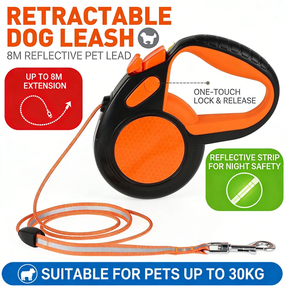 Correa retráctil para perros 8M a 15,49 € (-49%): cinta reflectante y mango antideslizante