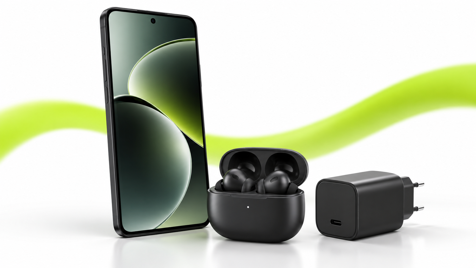 Ofertas de móviles y accesorios: smartphone, auriculares inalámbricos y cargador USB-C sobre fondo blanco con curva lima