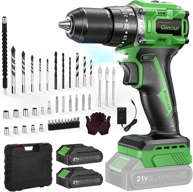Taladro Percutor Ginour 21V a 61,99 € (-31%): potencia sin escobillas con dos baterías