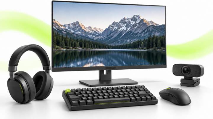 Tecnología y electrónica: monitor, teclado, ratón, webcam y auriculares sobre fondo blanco con curva lima