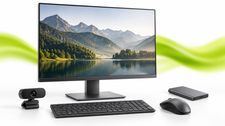 Ofertas de informática: monitor, teclado, ratón, webcam y accesorios sobre fondo blanco con curva lima